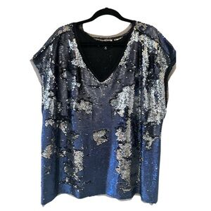 Rebel Plus Size Sequin V-Neck Top - Blue and Silver
